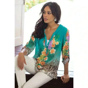 Soft Surroundings Sheer Tunic Floral Animal Print Tropical Top Size Medium